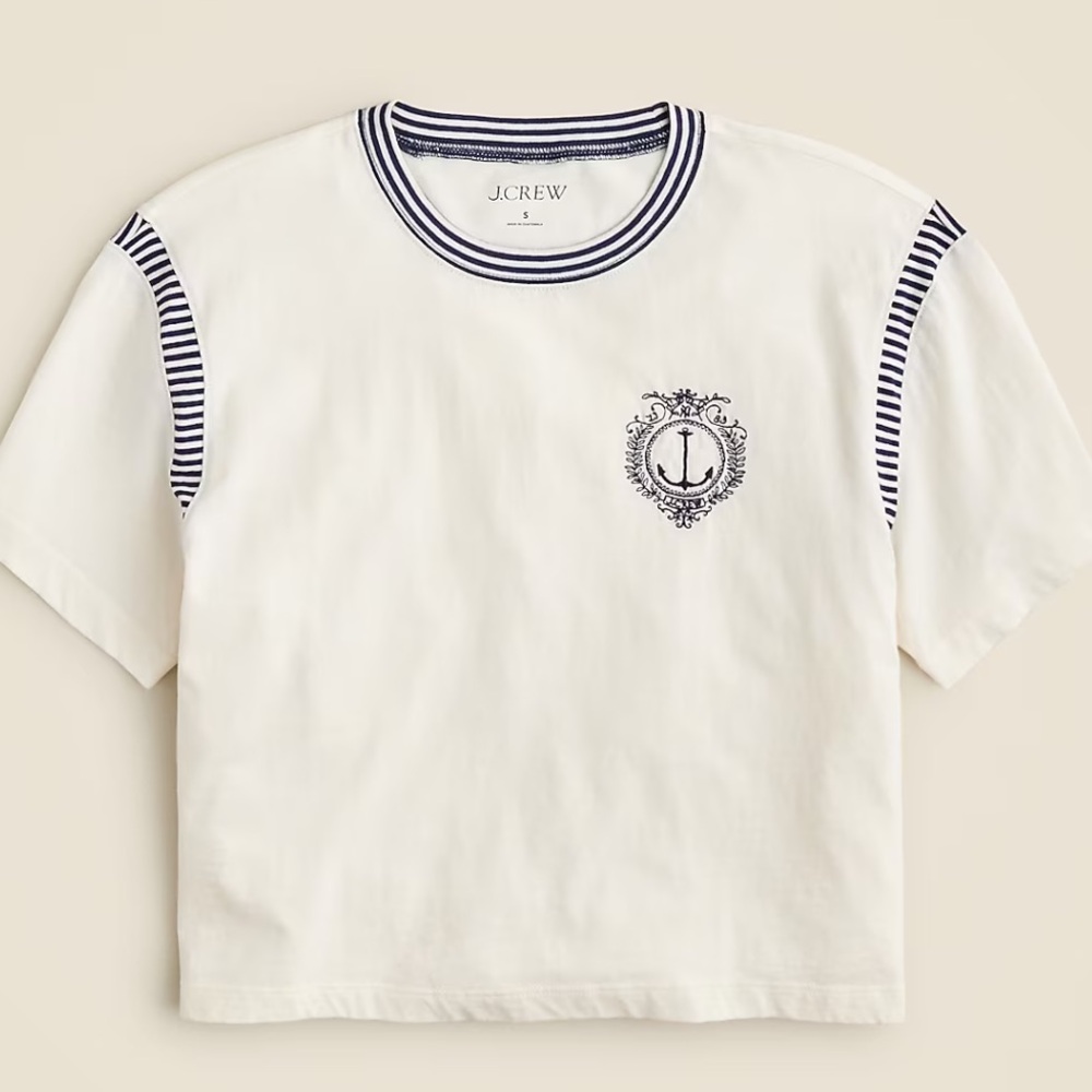 NWT J. Crew Cream Tee with Navy Stripe Trim and ANCHOR Embroidered Crest, M